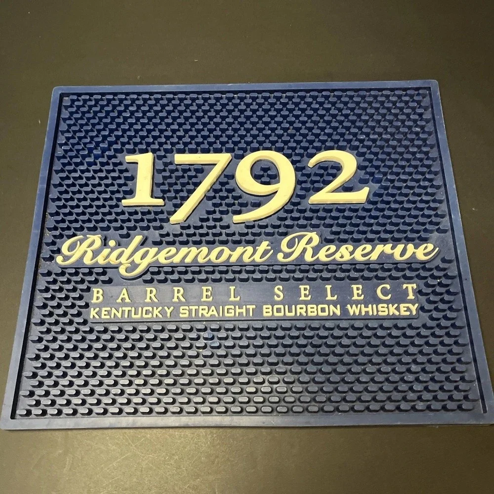 Ridgemont Reserve Bar Mat Blue 11x13 White Lettering Barrel Select Whiskey